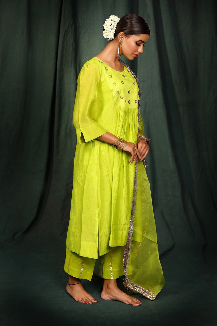 Neon Green Chanderi handwork Suit Set