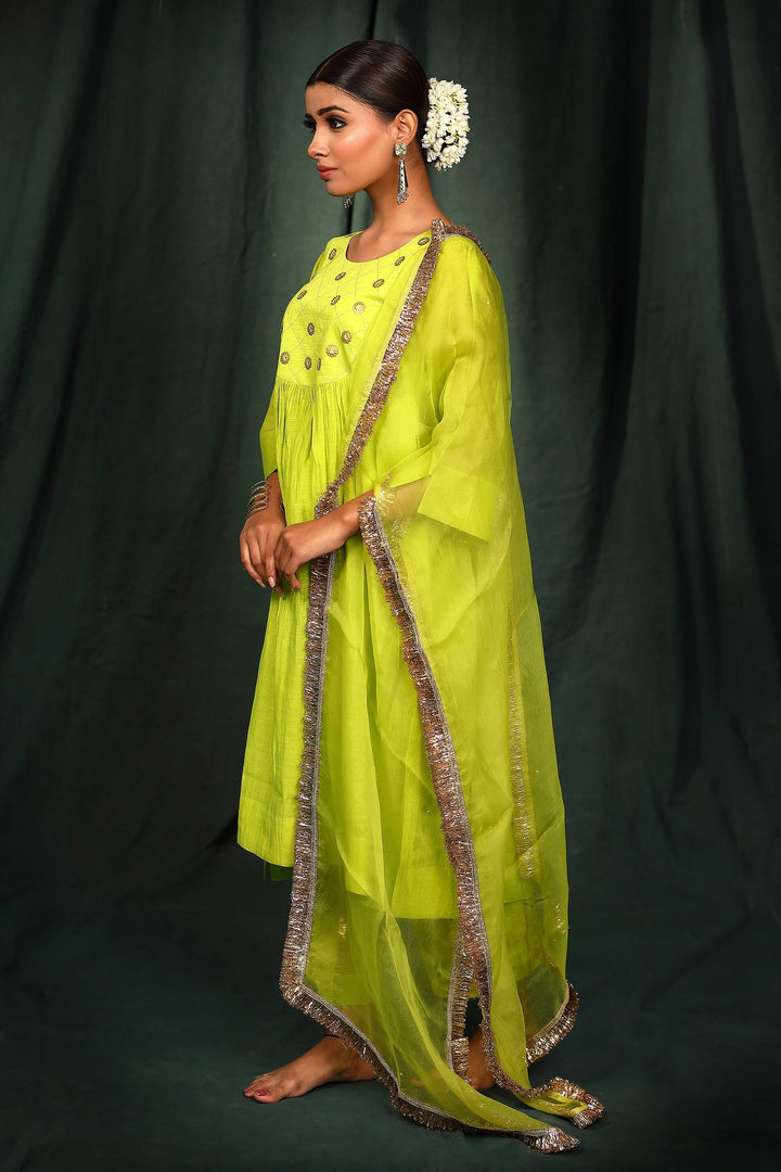 Neon Green Chanderi handwork Suit Set