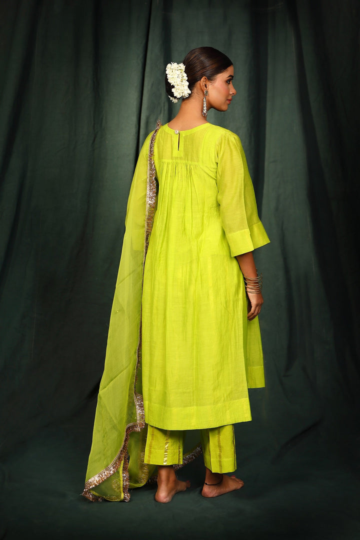 Neon Green Chanderi handwork Suit Set