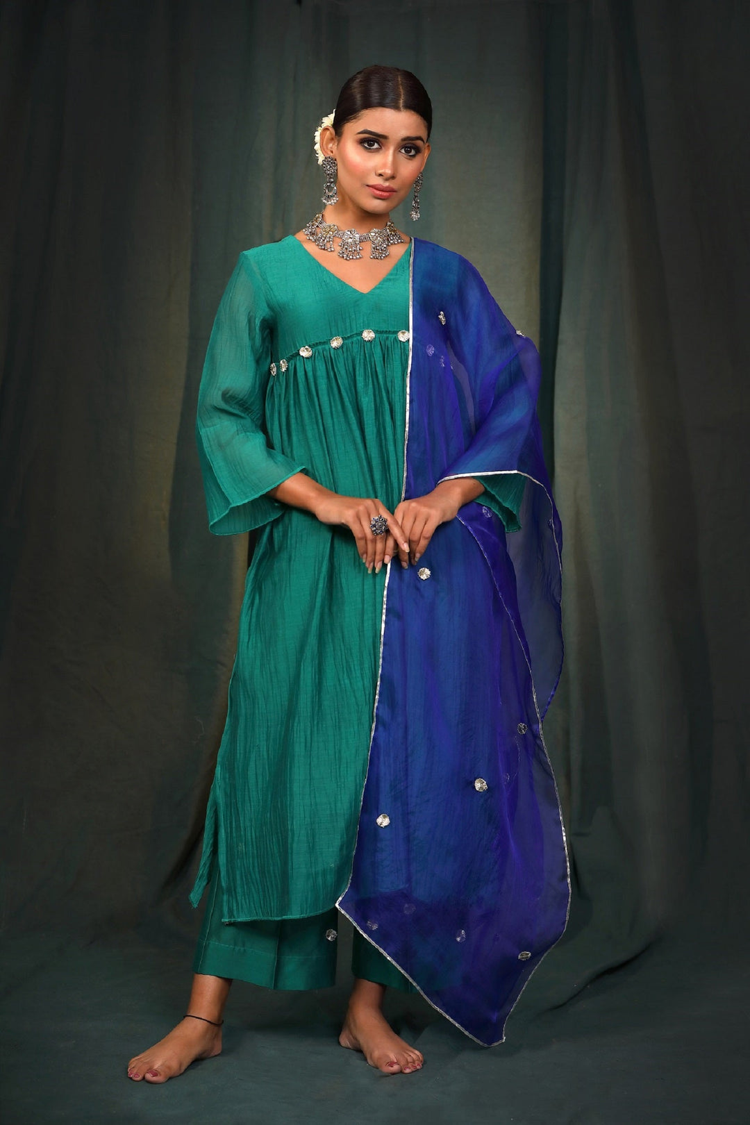 Green Gota Suit Set with Organza Dupatta - Set of 3