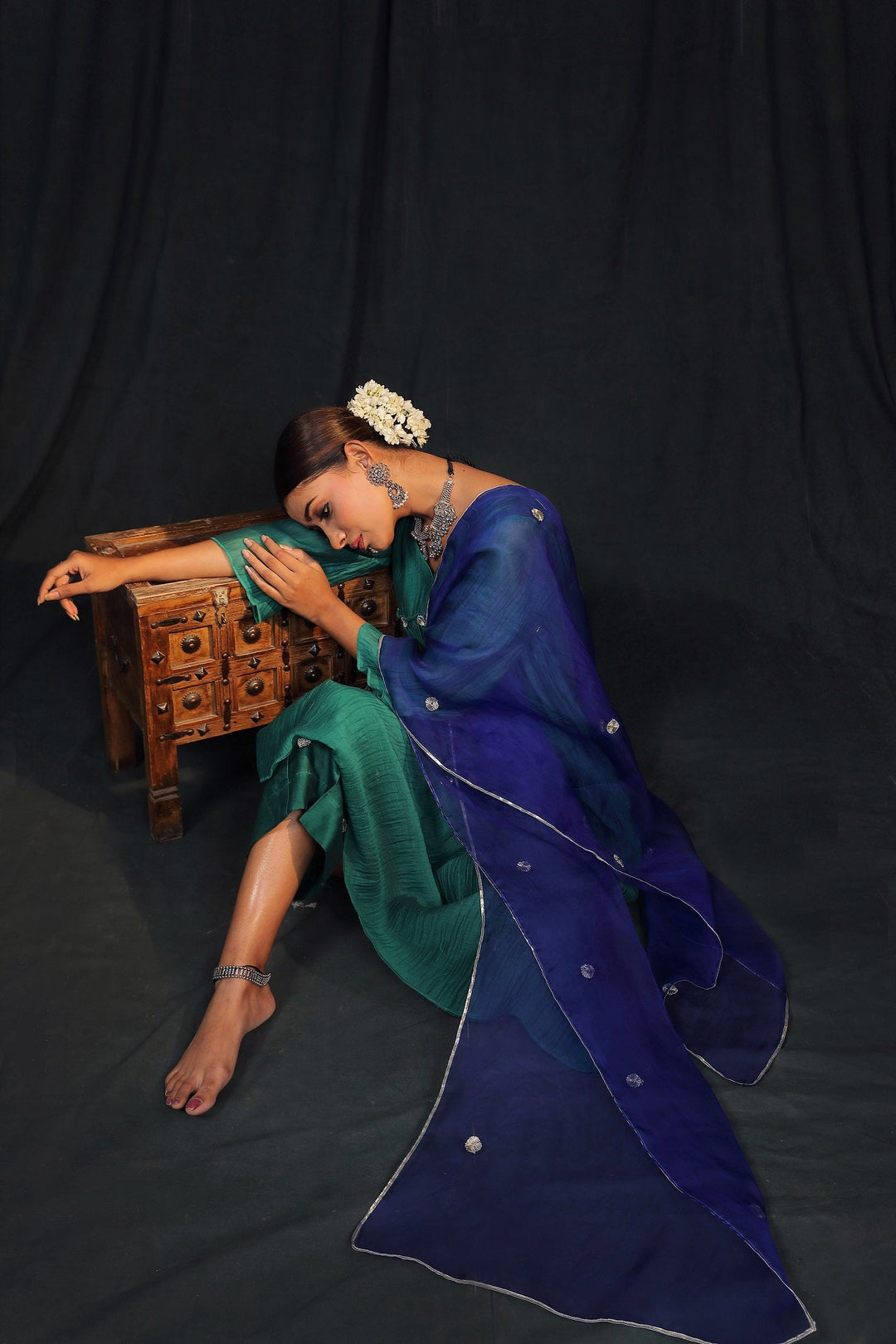 Green Gota Suit Set with Organza Dupatta - Set of 3