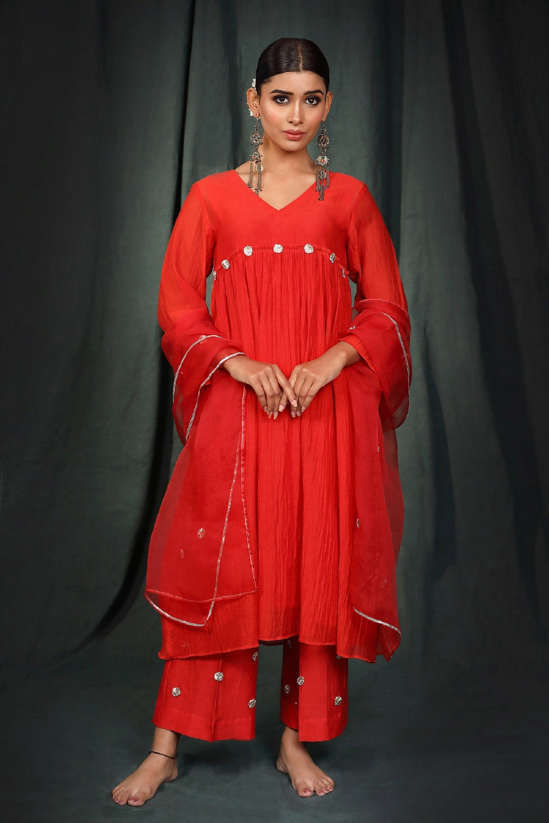 Red Gota Suit Set with Organza Dupatta - Set of 3