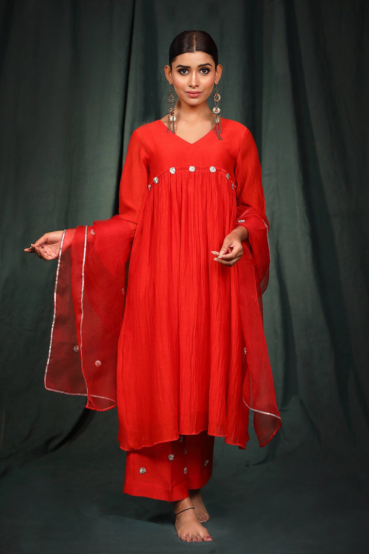 Red Gota Suit Set with Organza Dupatta - Set of 3