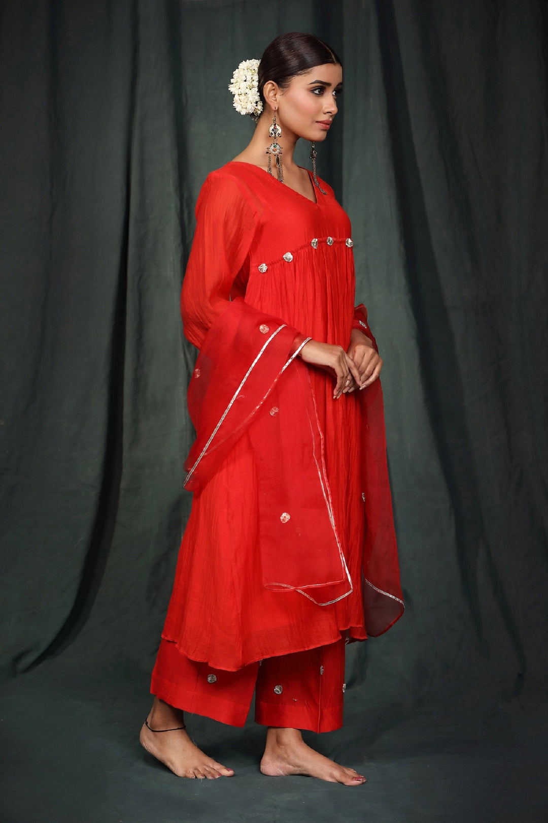 Red Gota Suit Set with Organza Dupatta - Set of 3