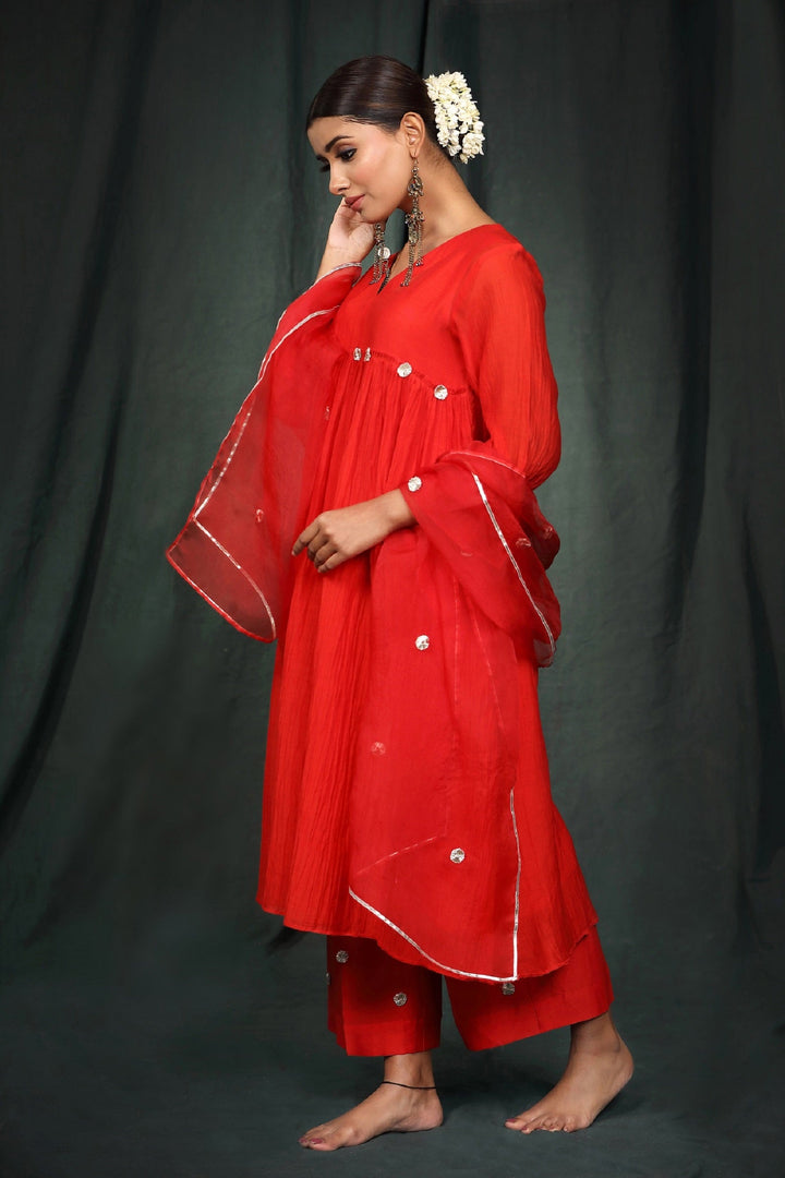 Red Gota Suit Set with Organza Dupatta - Set of 3
