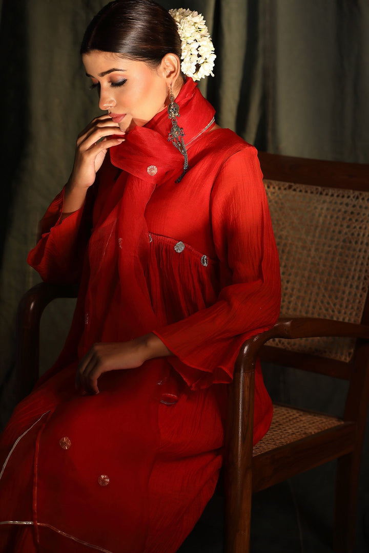 Red Gota Suit Set with Organza Dupatta - Set of 3