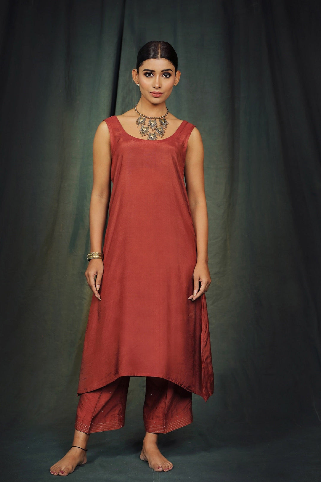 Maroon Silk Tissue Suit Set with coordinated dupatta