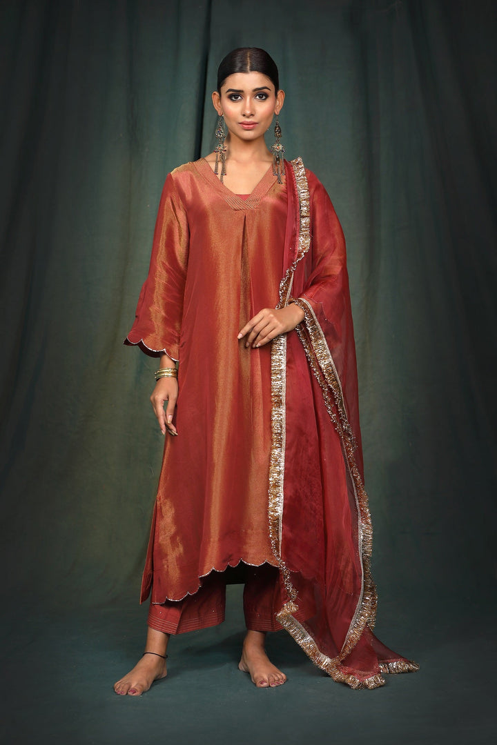 Maroon Silk Tissue Suit Set with coordinated dupatta