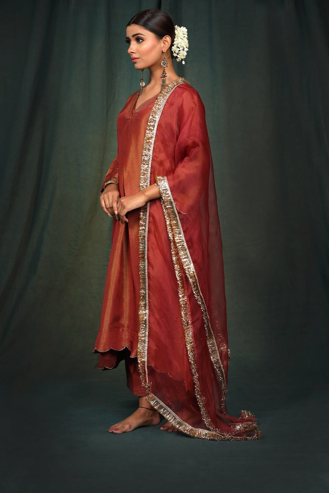 Maroon Silk Tissue Suit Set with coordinated dupatta