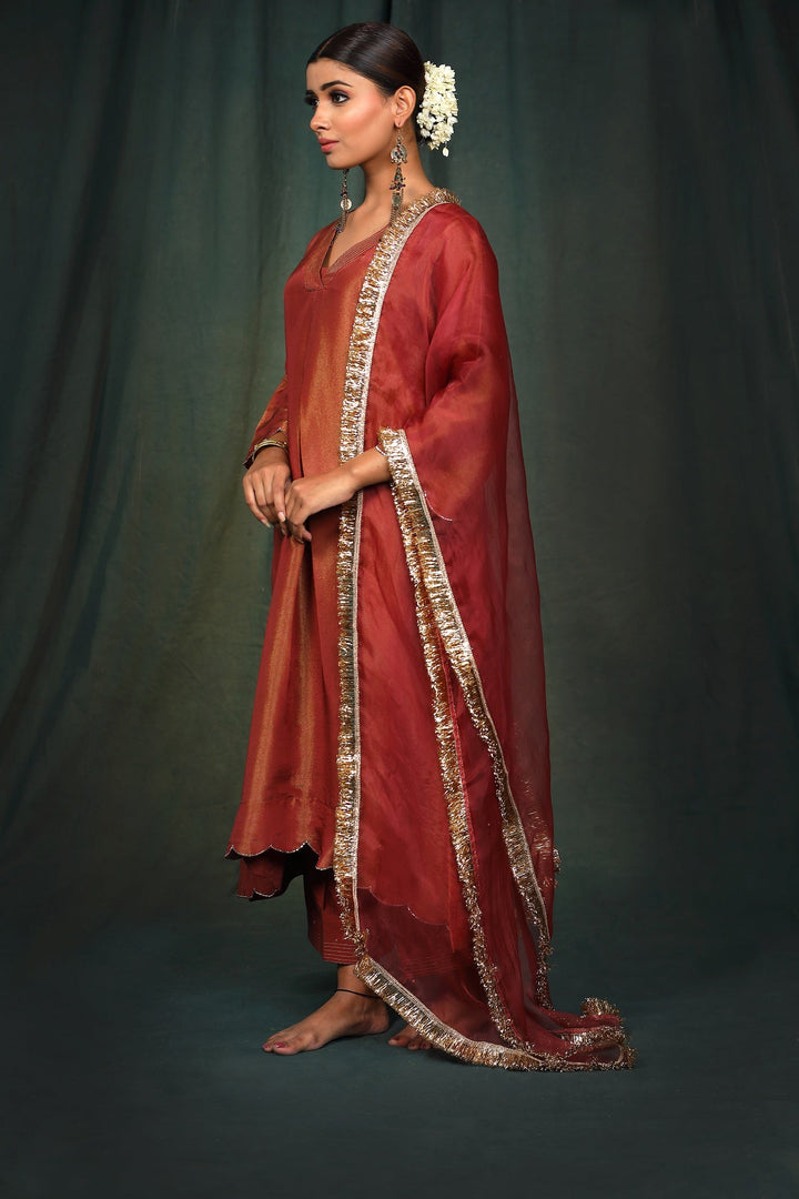 Maroon Silk Tissue Suit Set with coordinated dupatta