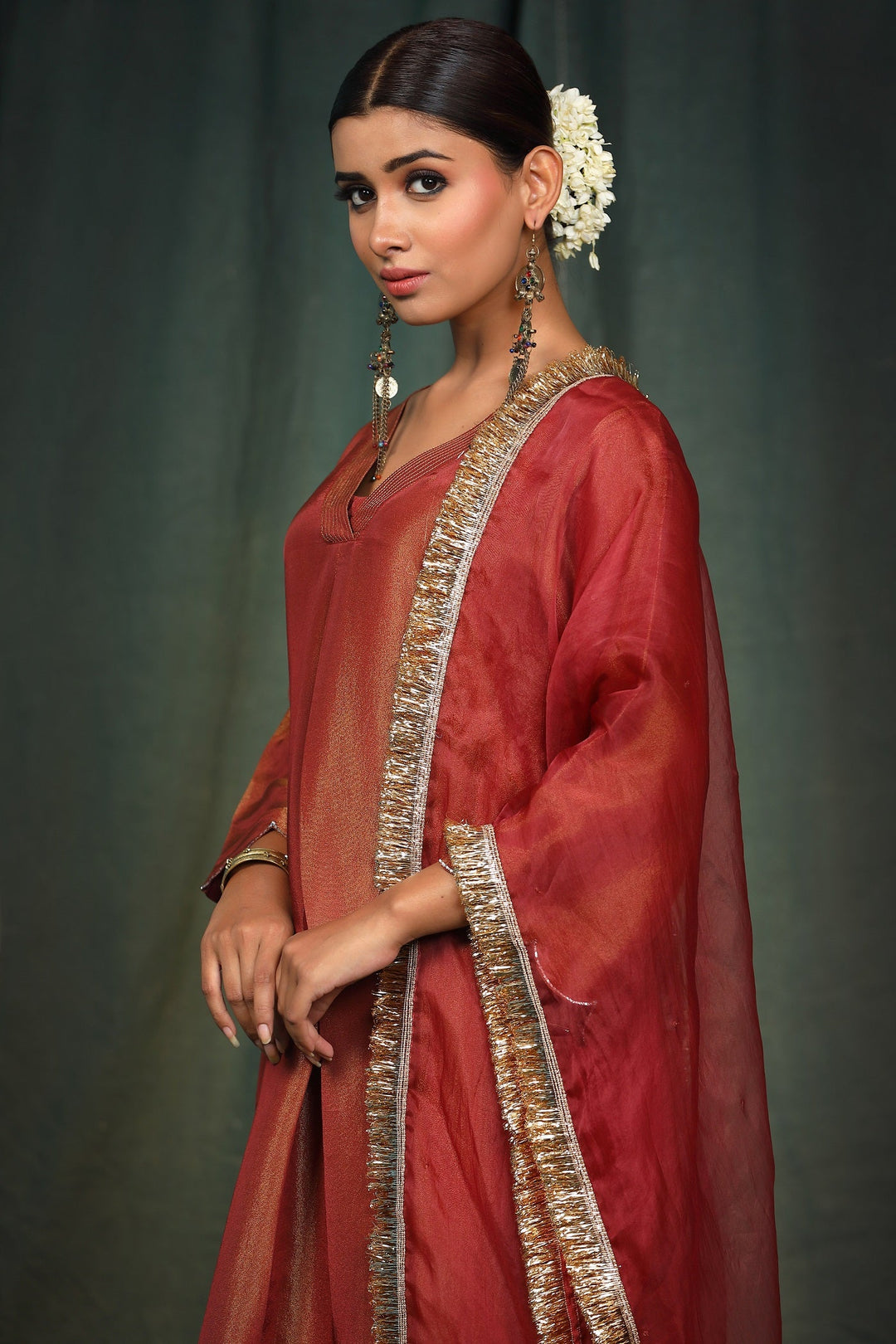 Maroon Silk Tissue Suit Set with coordinated dupatta