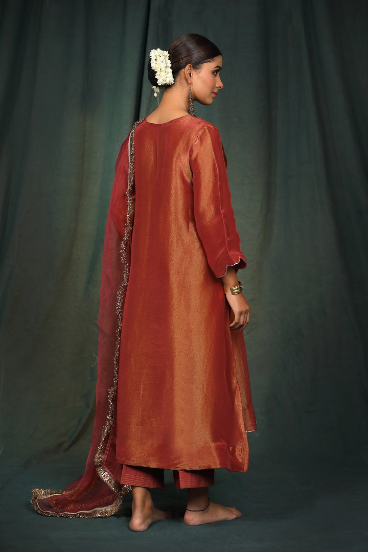 Maroon Silk Tissue Suit Set with coordinated dupatta