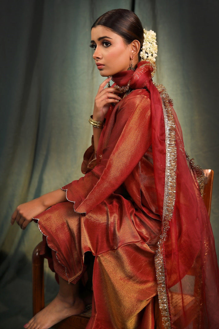 Maroon Silk Tissue Suit Set with coordinated dupatta