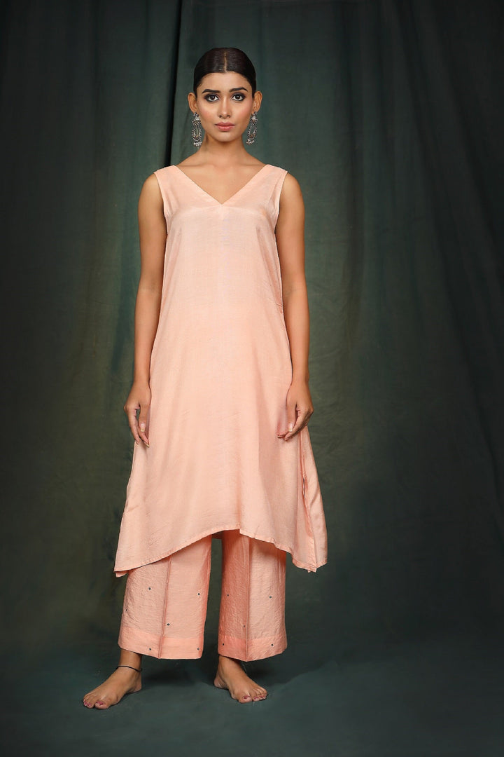 Peach Black Chanderi suit set