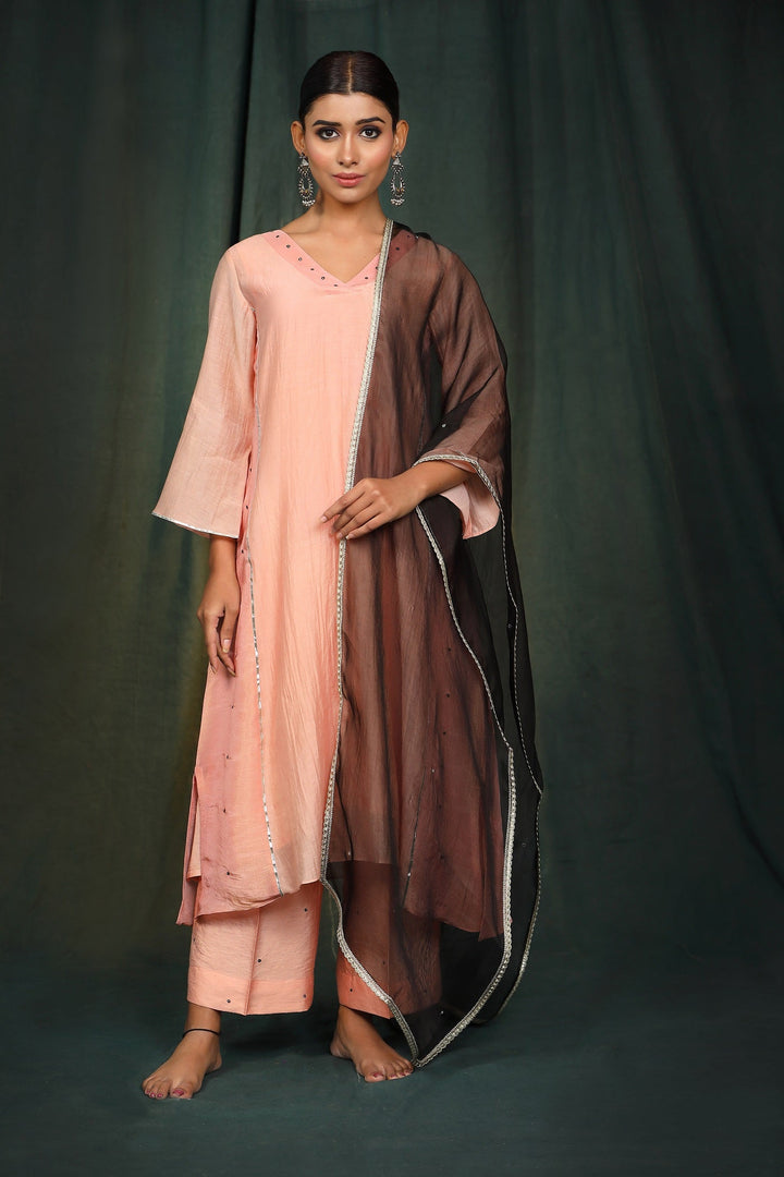 Peach Black Chanderi suit set