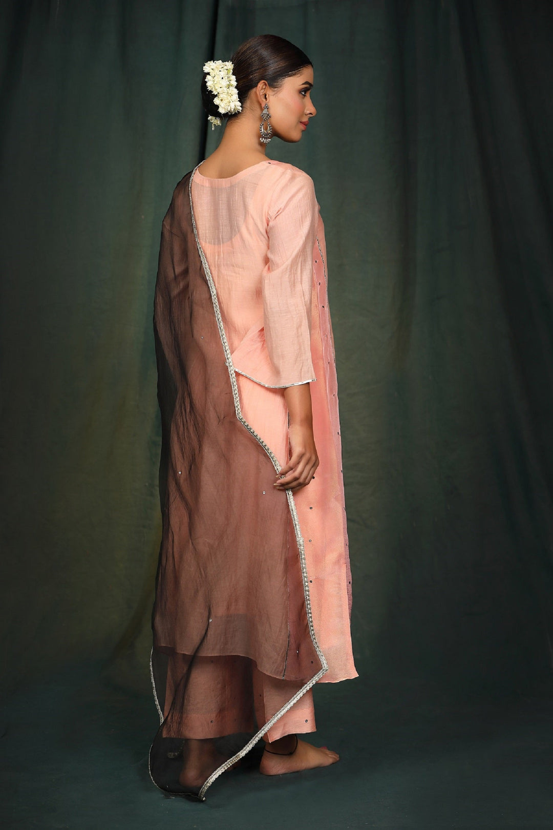 Peach Black Chanderi suit set