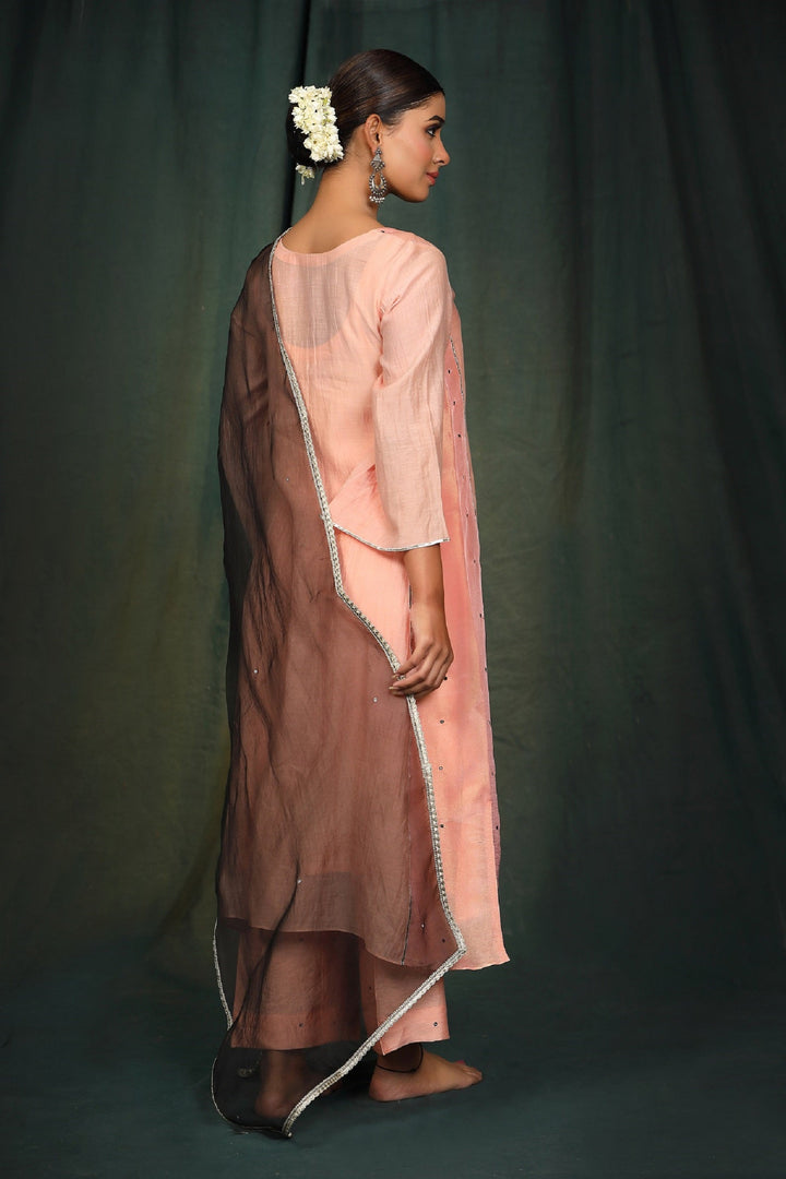 Peach Black Chanderi suit set