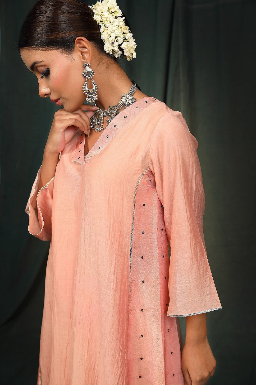 Peach Black Chanderi suit set