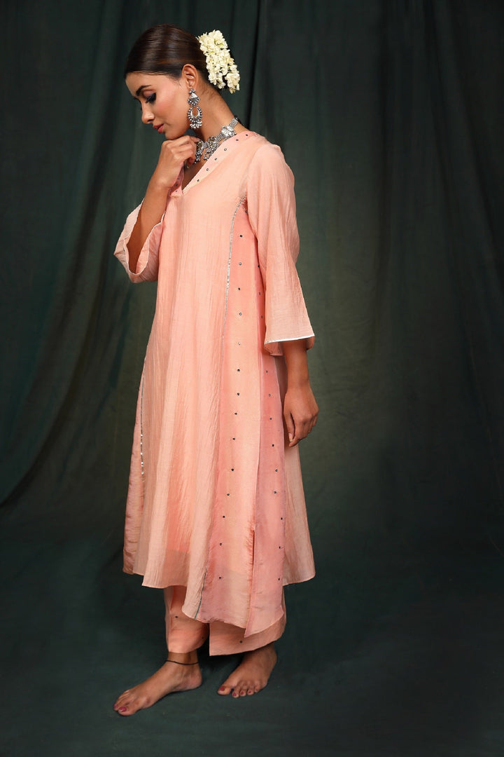 Peach Black Chanderi suit set