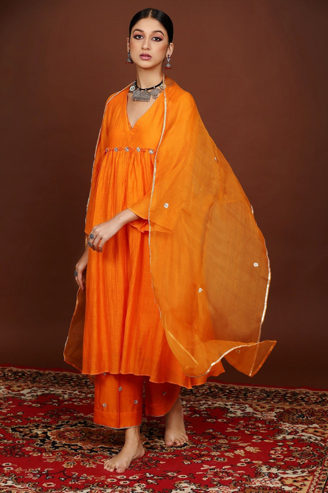 Orange Gota work Chanderi Suit Set with Organza Dupatta - Set of 3