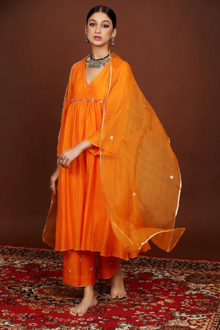 Orange Gota work Chanderi Suit Set with Organza Dupatta - Set of 3