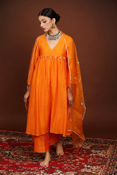 Orange Gota work Chanderi Suit Set with Organza Dupatta - Set of 3