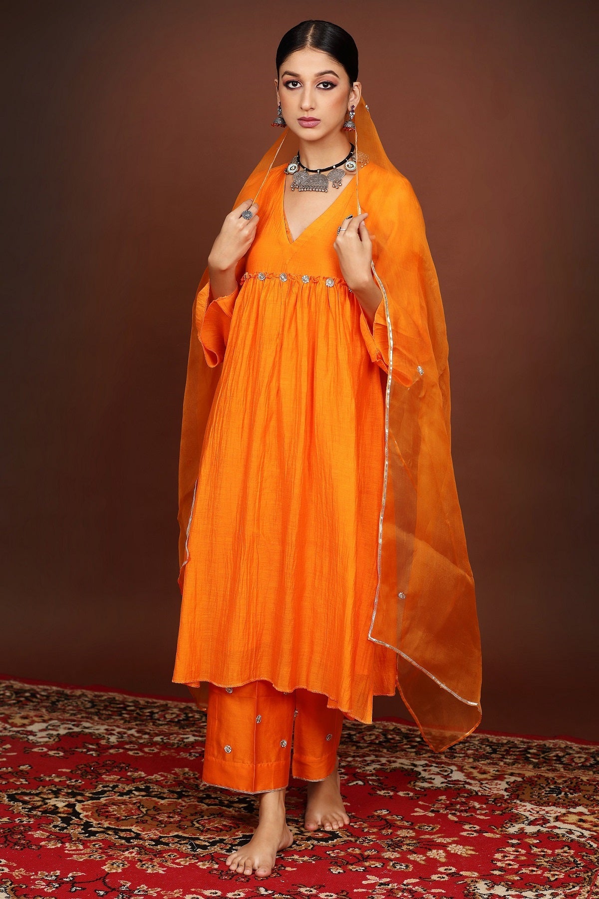 Orange Gota work Chanderi Suit Set with Organza Dupatta - Set of 3