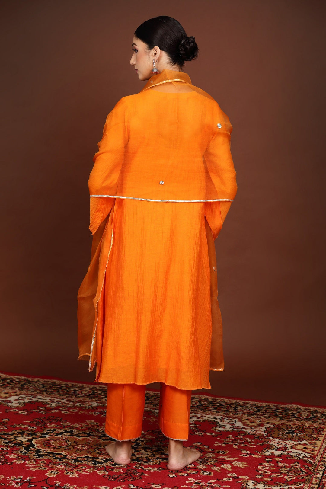 Orange Gota work Chanderi Suit Set with Organza Dupatta - Set of 3