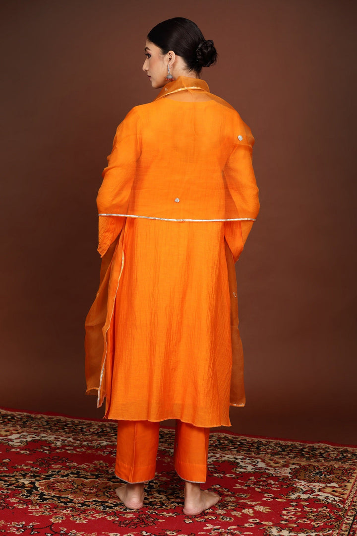 Orange Gota work Chanderi Suit Set with Organza Dupatta - Set of 3