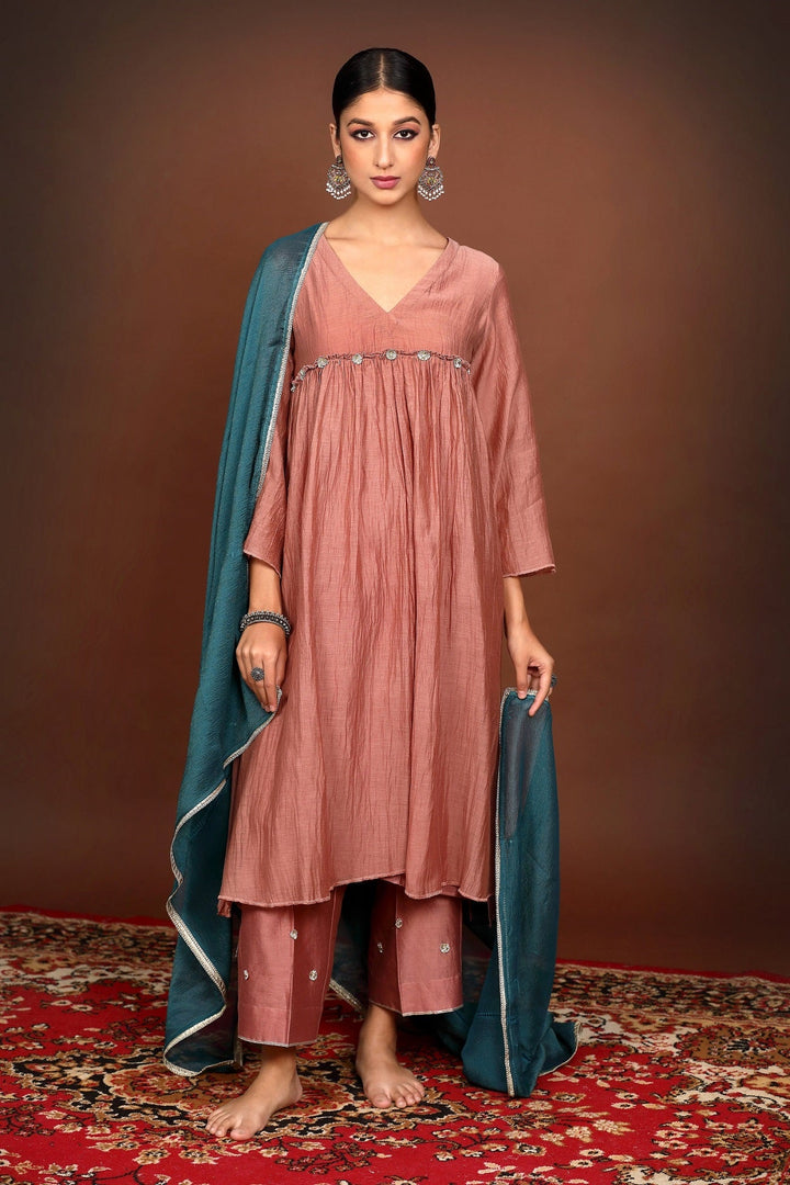 Old Rose Gota work Chanderi Suit Set with Teal Blue Dupatta