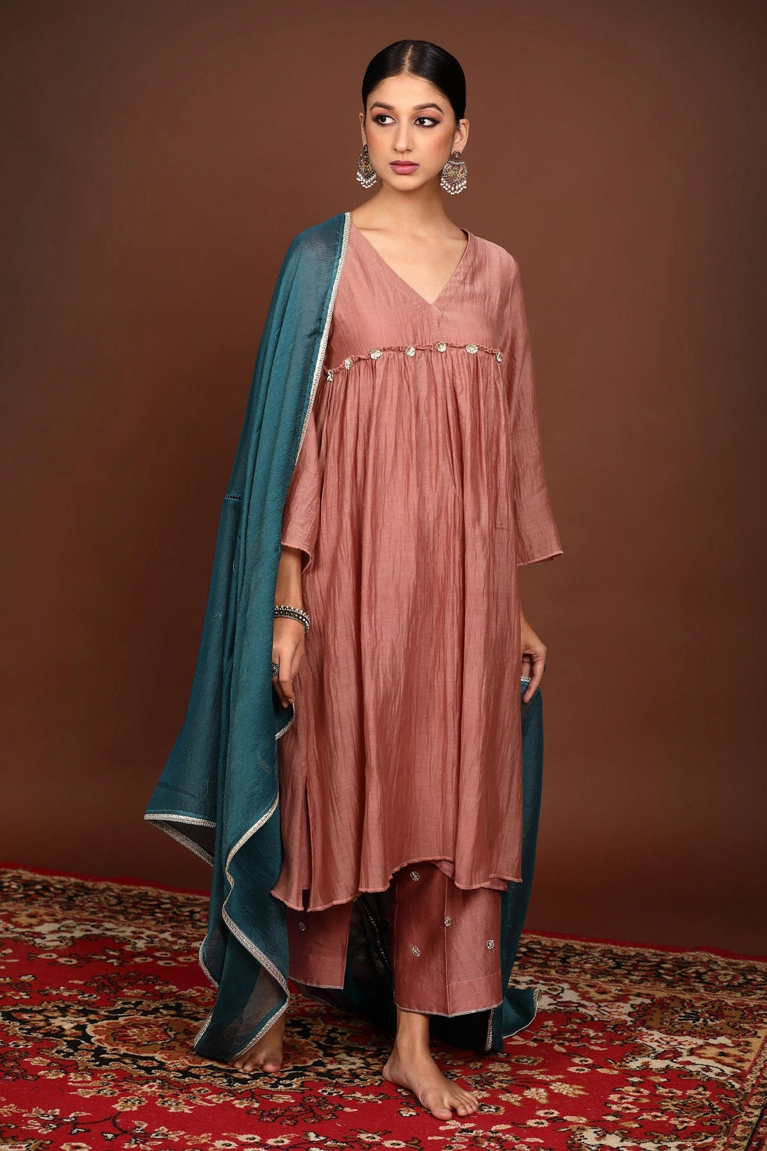 Old Rose Gota work Chanderi Suit Set with Teal Blue Dupatta