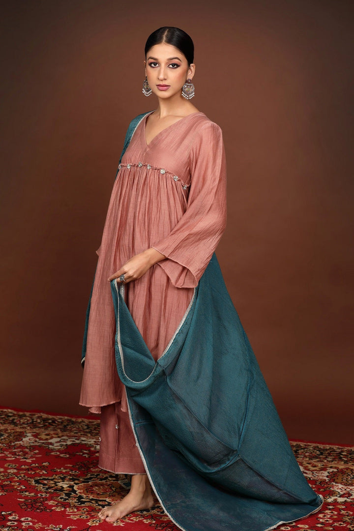 Old Rose Gota work Chanderi Suit Set with Teal Blue Dupatta