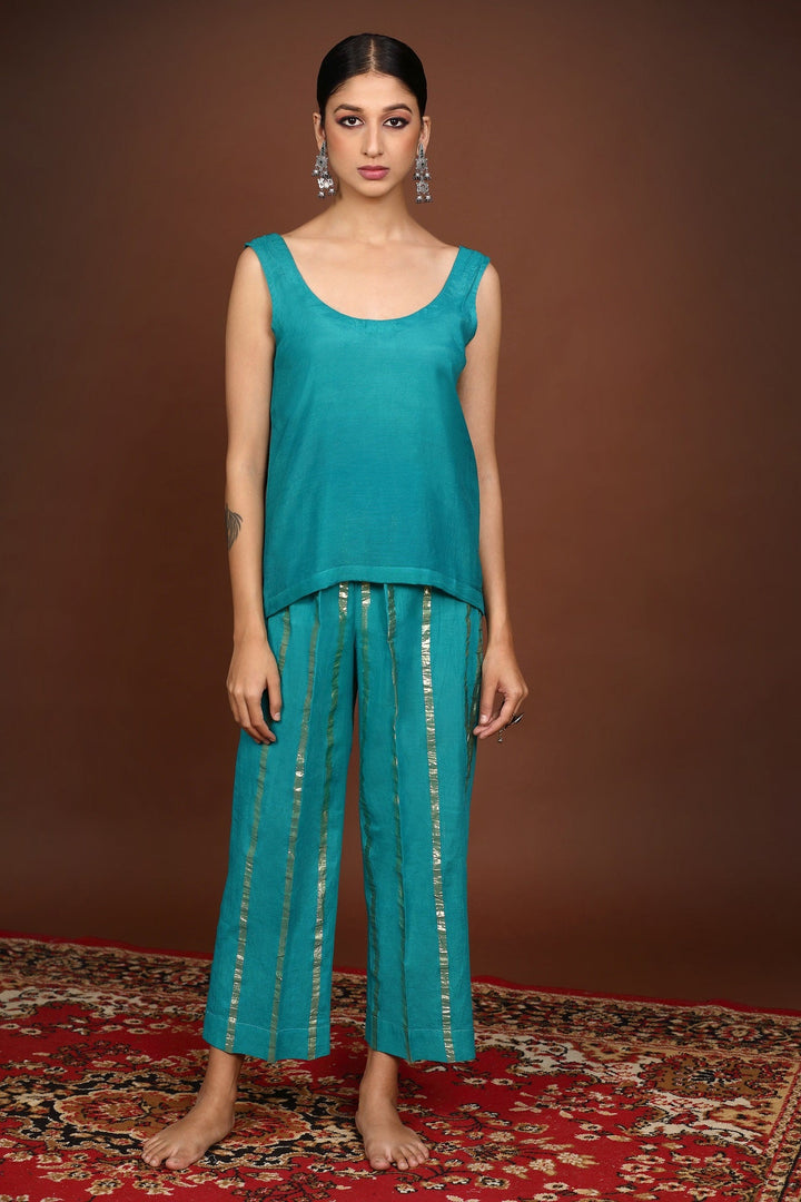 Turquoise Blue Handwork Chanderi Suit Set With Coordinated Dupatta