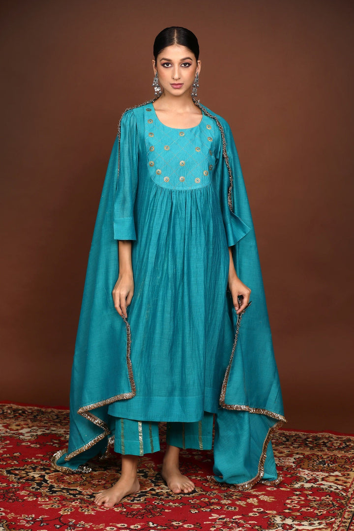 Turquoise Blue Handwork Chanderi Suit Set With Coordinated Dupatta