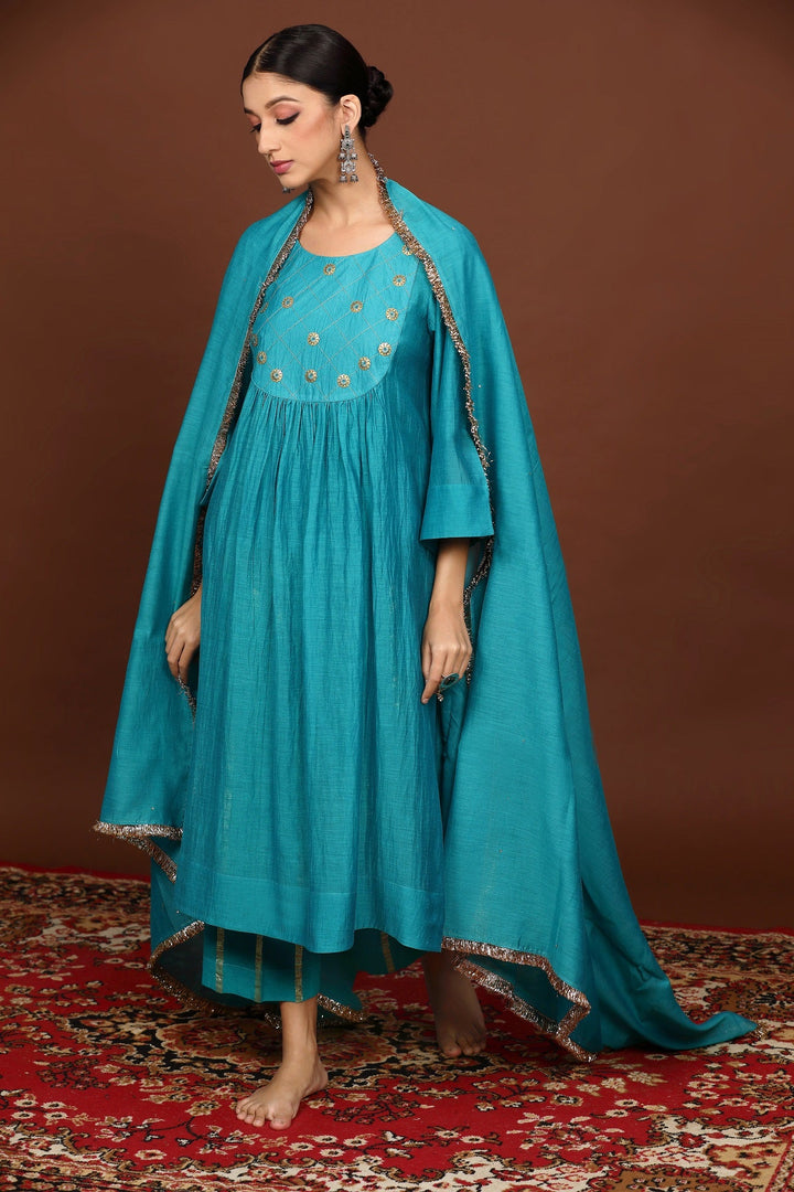 Turquoise Blue Handwork Chanderi Suit Set With Coordinated Dupatta