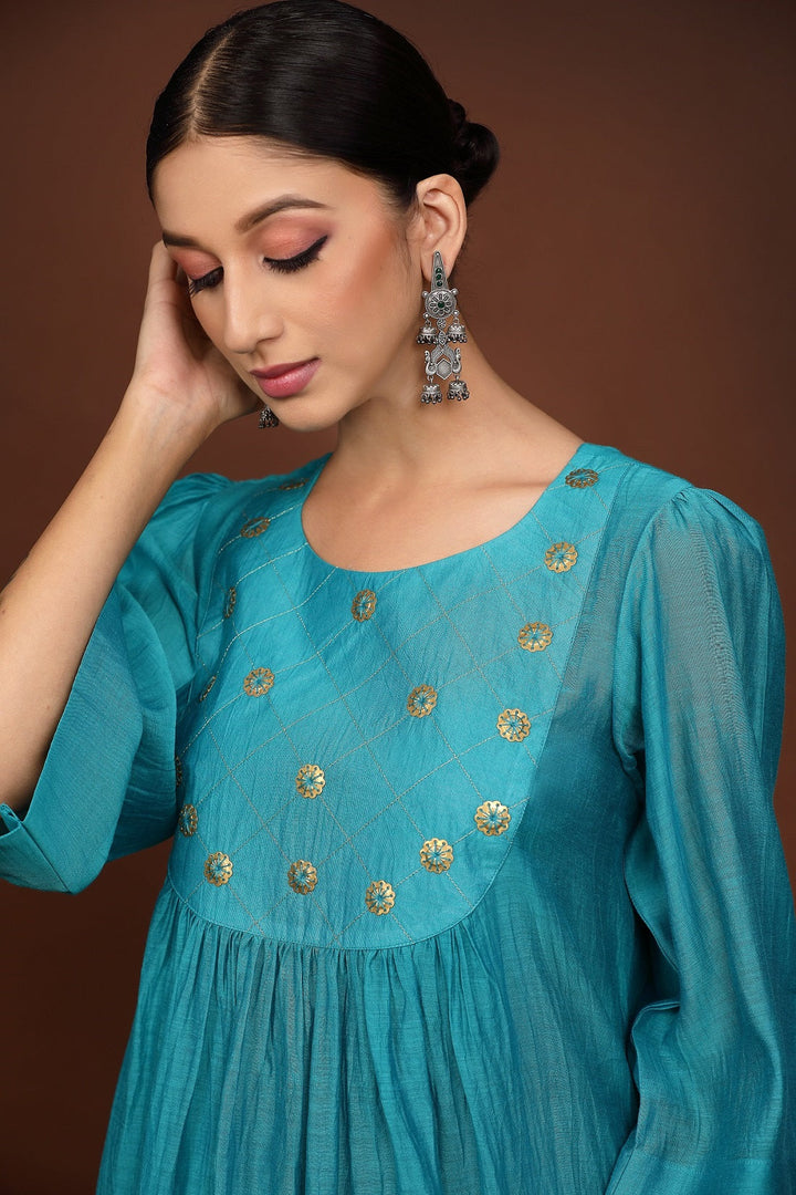 Turquoise Blue Handwork Chanderi Suit Set With Coordinated Dupatta