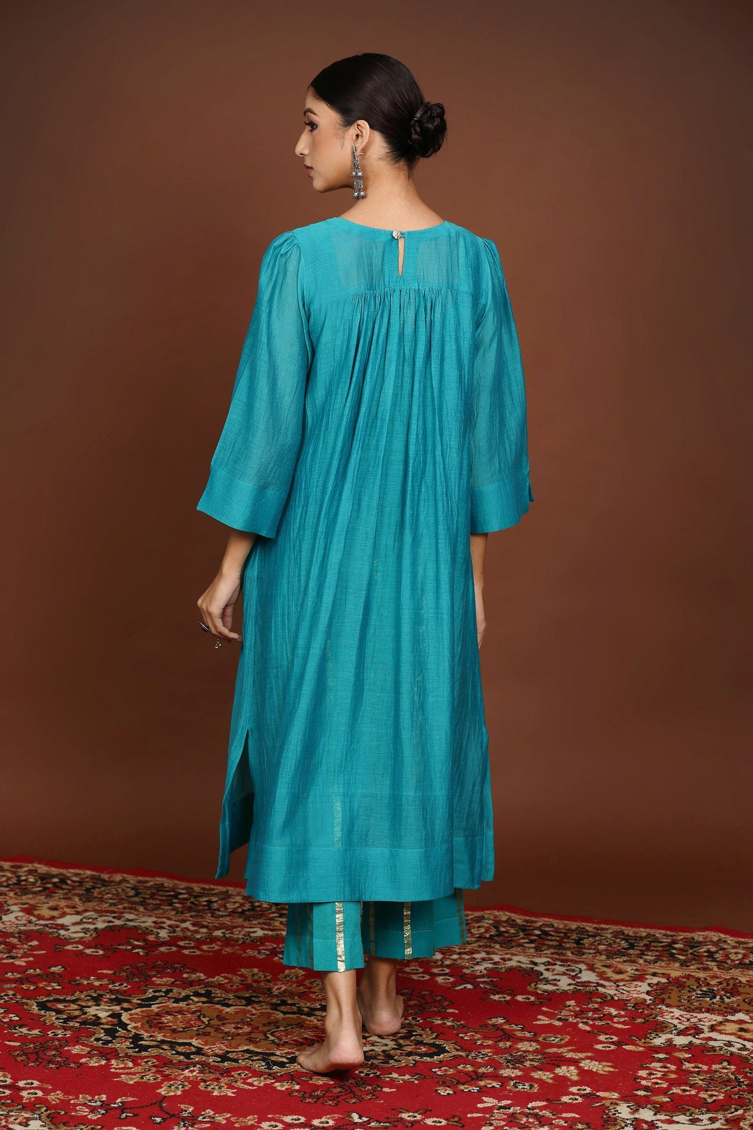 Turquoise Blue Handwork Chanderi Suit Set With Coordinated Dupatta