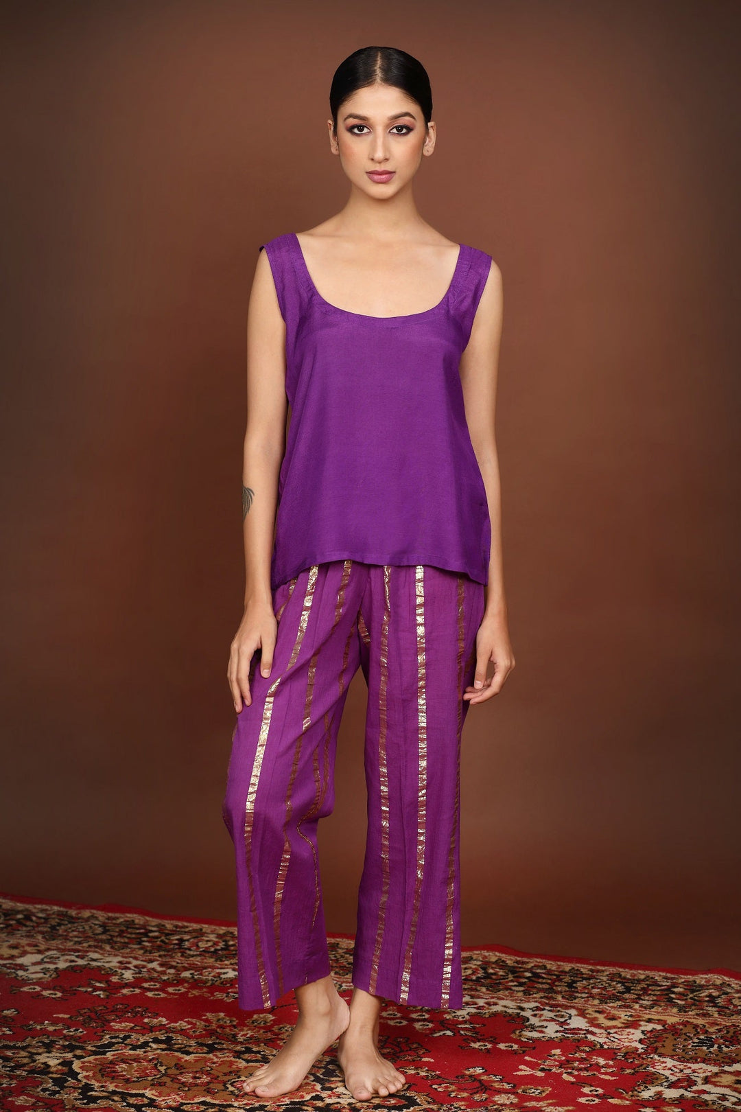 Purple handwork Chanderi Suit set with Neon dupatta