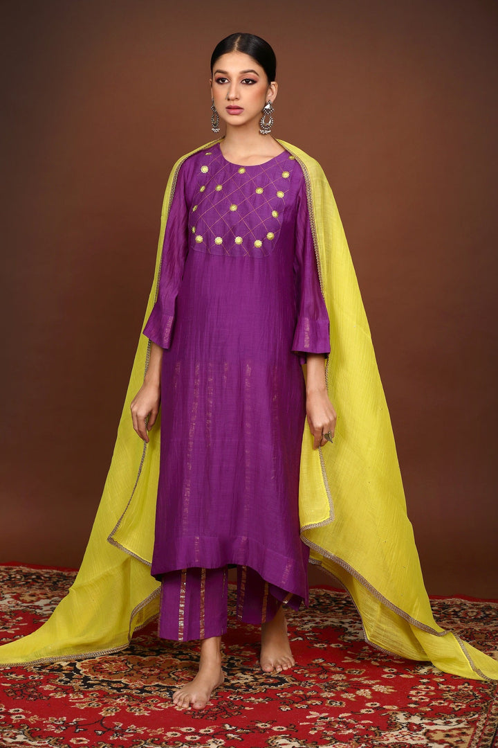 Purple handwork Chanderi Suit set with Neon dupatta