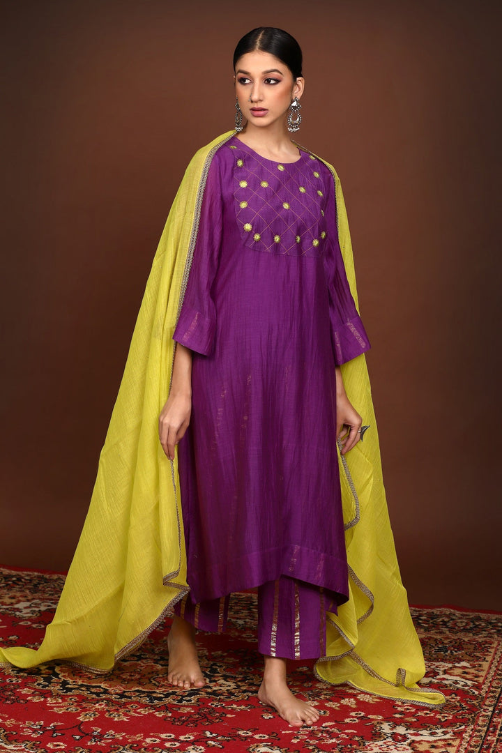 Purple handwork Chanderi Suit set with Neon dupatta