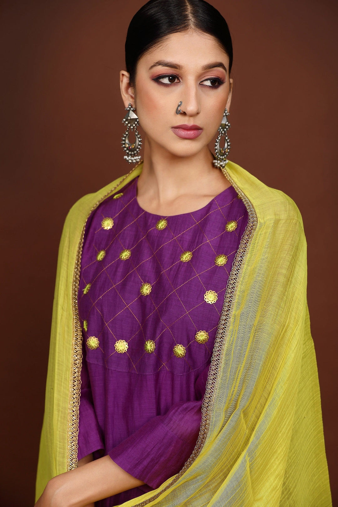 Purple handwork Chanderi Suit set with Neon dupatta