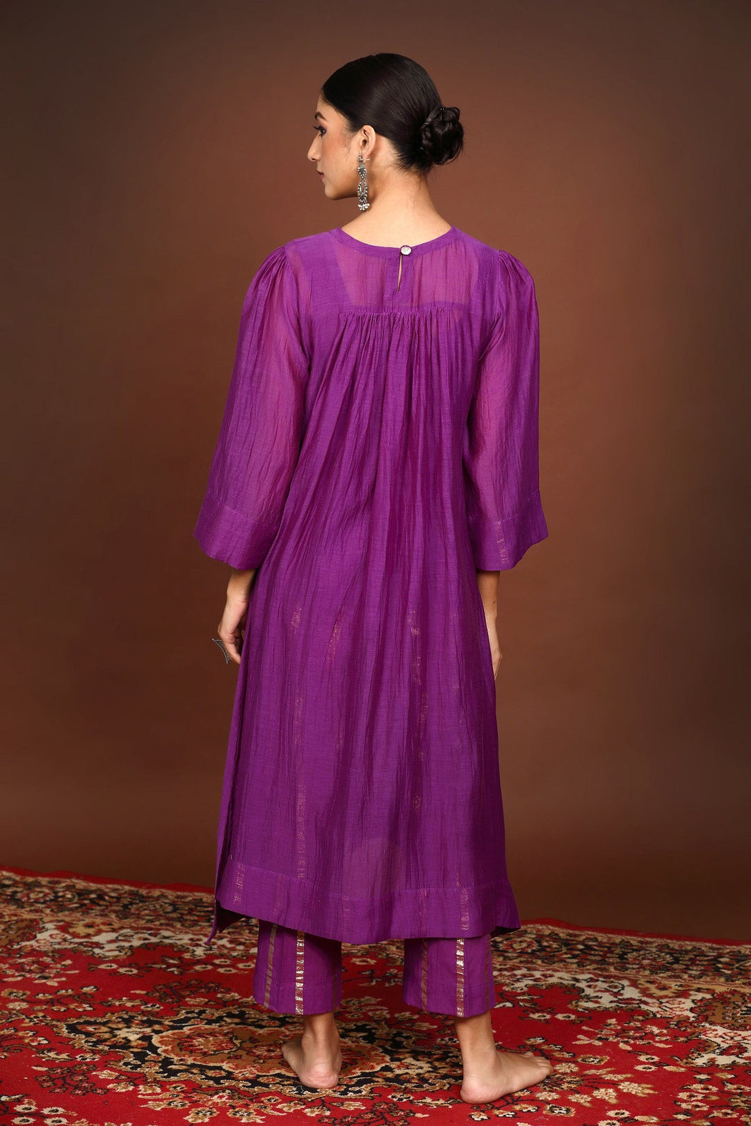 Purple handwork Chanderi Suit set with Neon dupatta