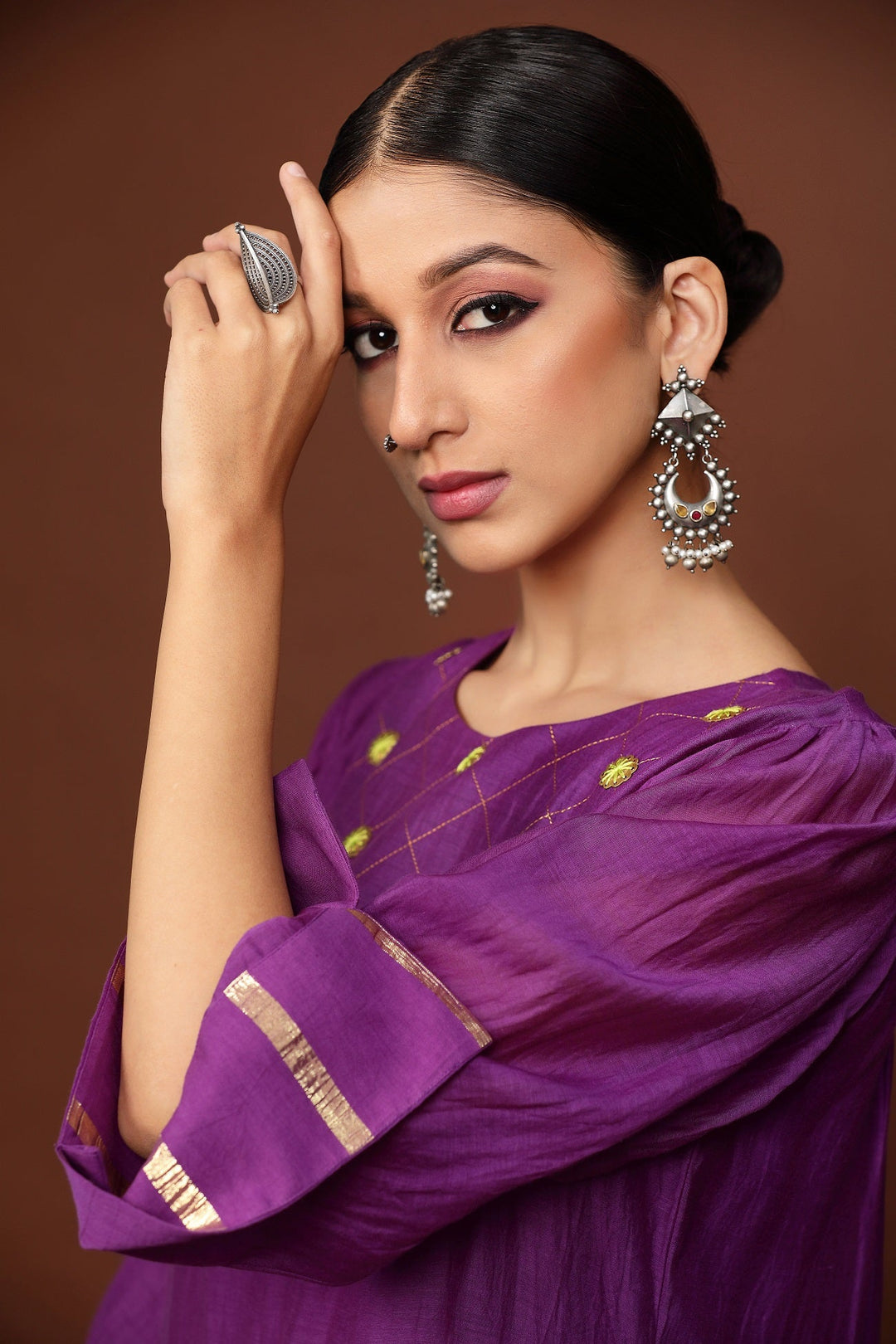 Purple handwork Chanderi Suit set with Neon dupatta