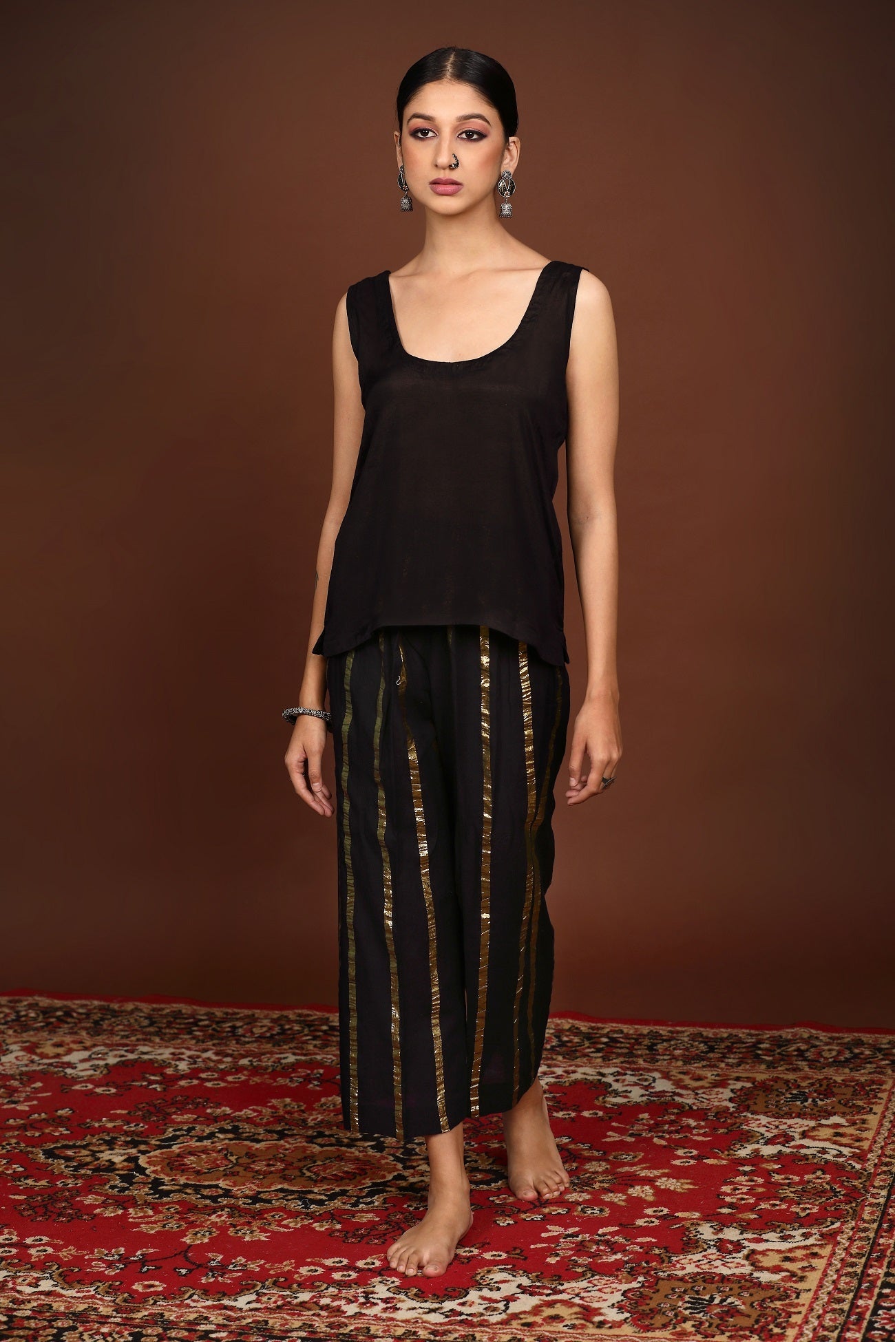 Jet Black Hand Embroidered Chanderi Suit set with Neon Dupatta