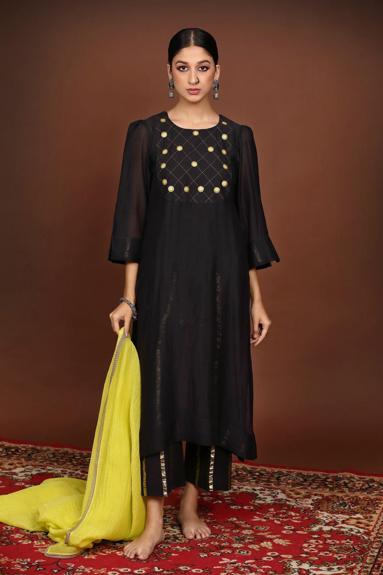 Jet Black Hand Embroidered Chanderi Suit set with Neon Dupatta