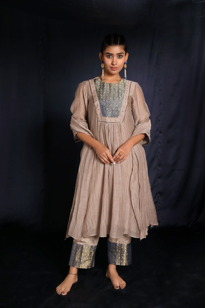 Grey Brocade Patch Work Chanderi Suit Set