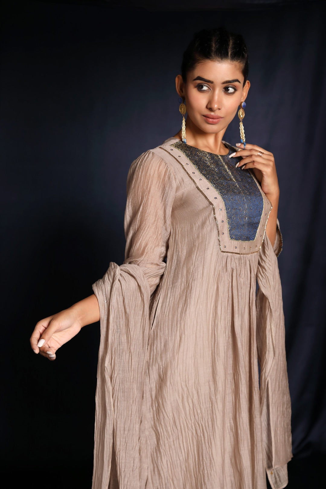 Grey Brocade Patch Work Chanderi Suit Set