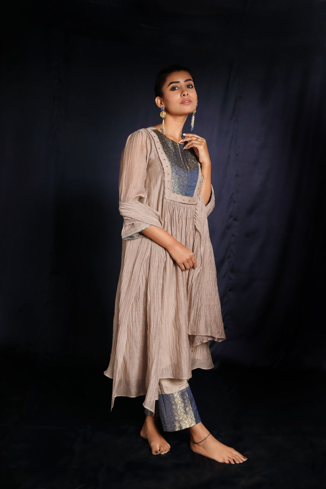 Grey Brocade Patch Work Chanderi Suit Set