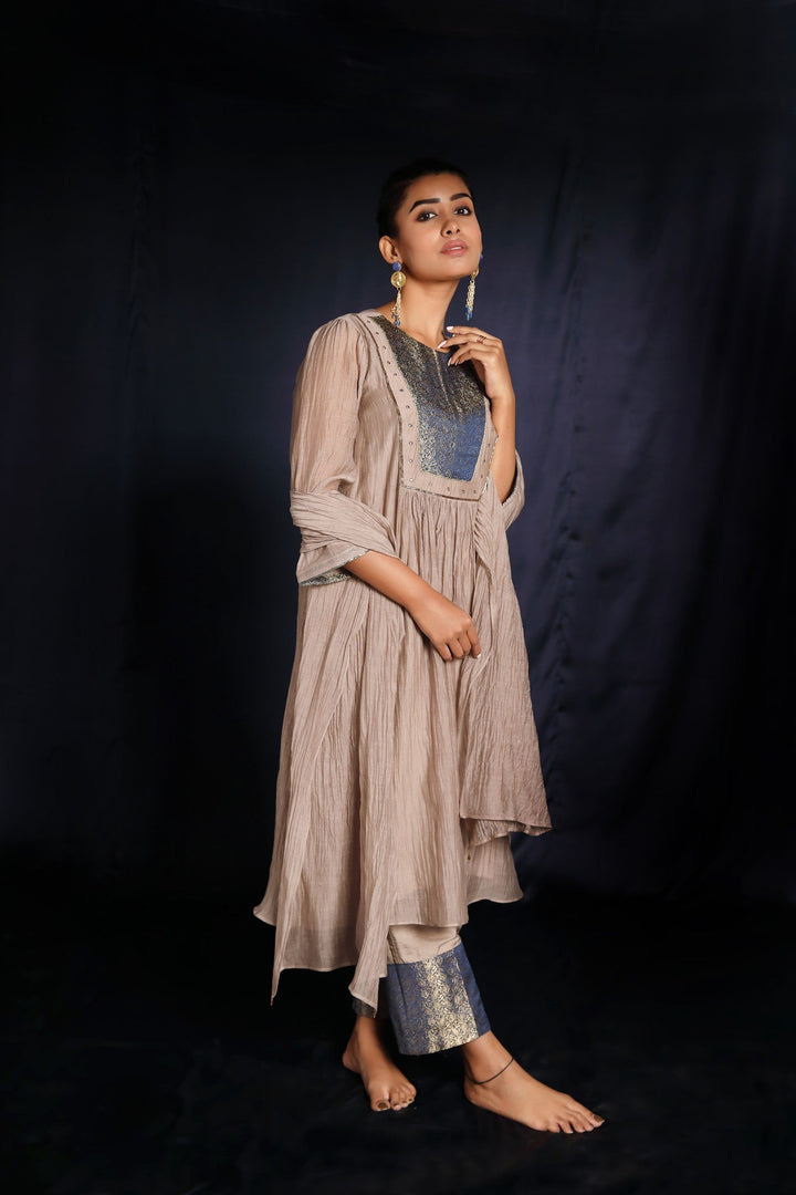 Grey Brocade Patch Work Chanderi Suit Set