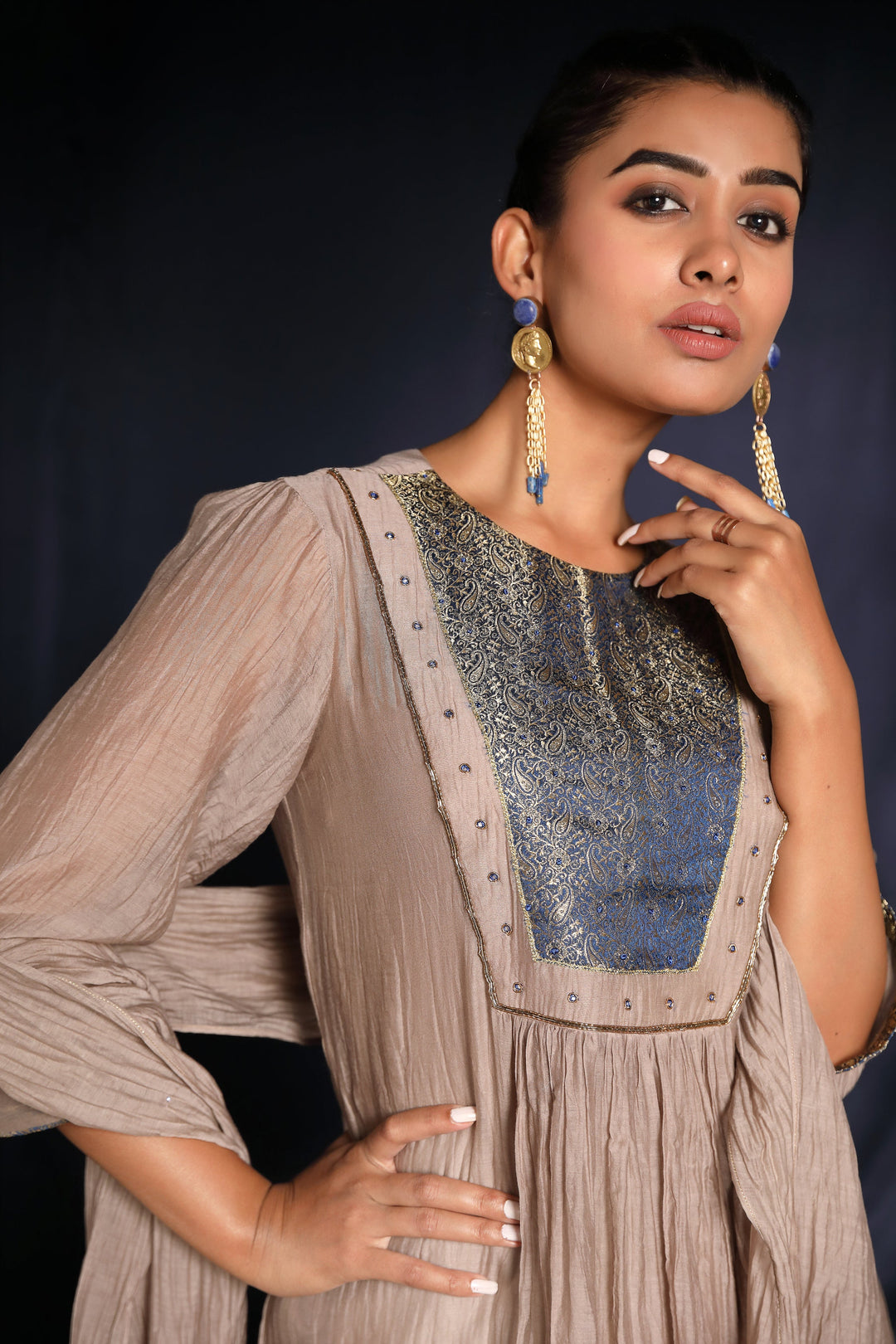 Grey Brocade Patch Work Chanderi Suit Set